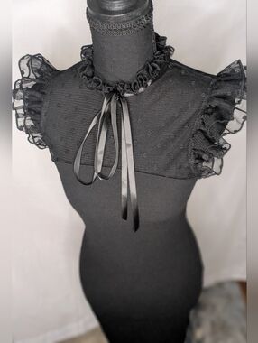 Black Lace Ruffle High Neck Midi Dress Gothic Romantic Tie Neck XS